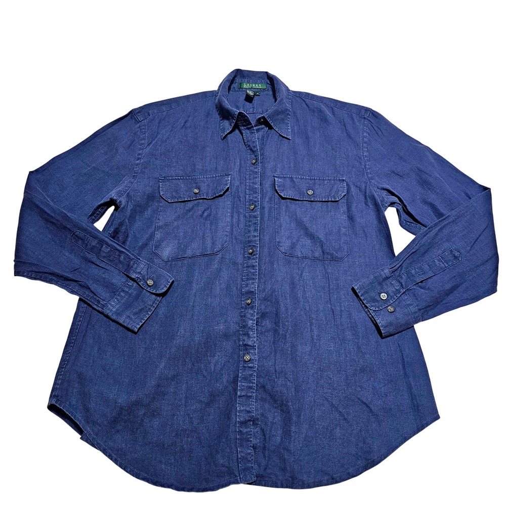 Lauren Ralph Lauren Blue 100% Linen Safari Utility Button Down Shirt Women M RL
